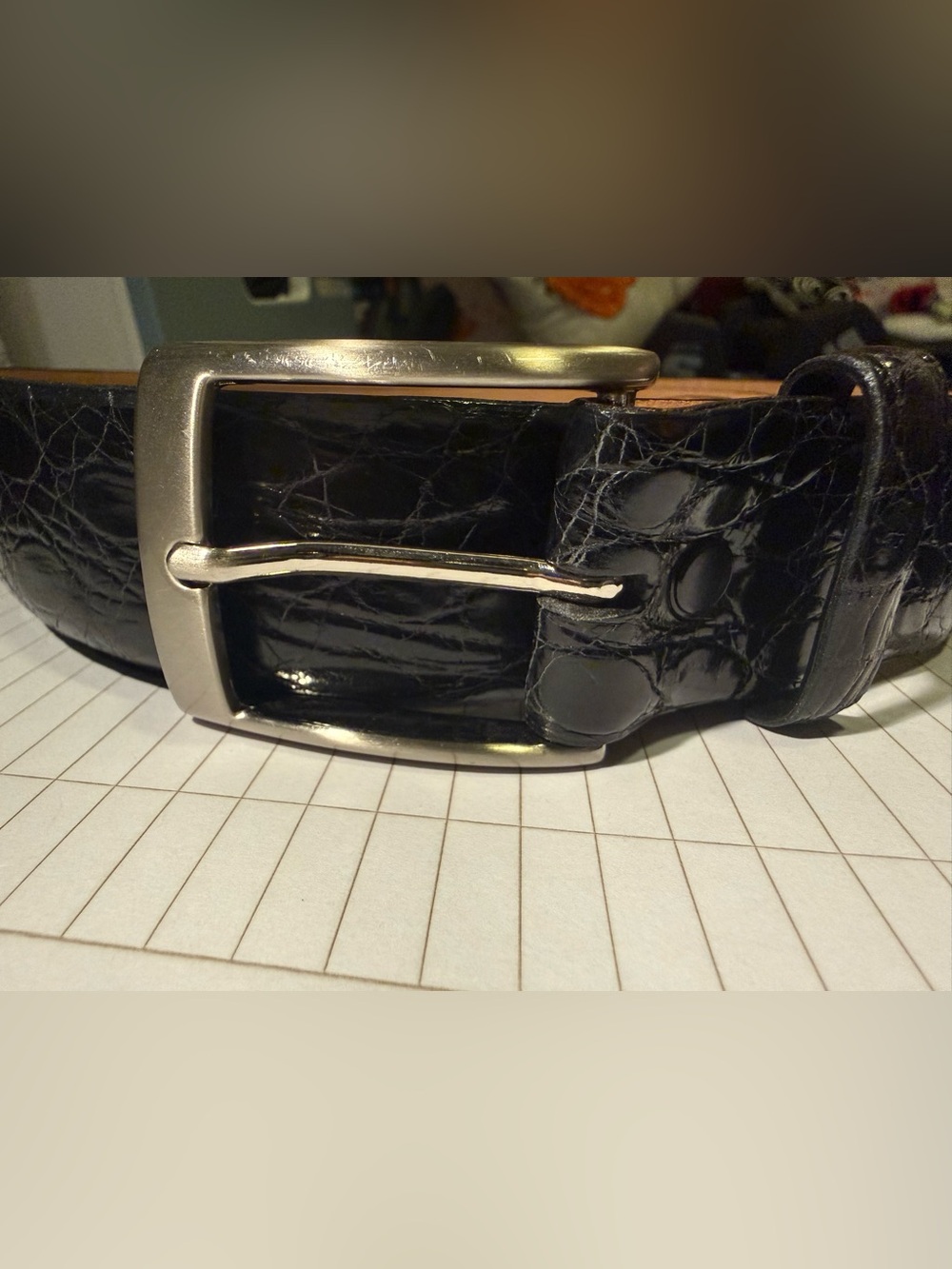 Black Croc-Embossed Leather Belt with Silver Buckle Torino Elite